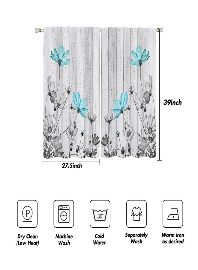 Kikiry Teal Floral Kitchen Curtains Mini 27.5''W x 39''L Patterned Gray Turquoise Flower Farmhouse Rustic Aqua Daisy Grey Short Small Cafe Room Rod Pocket Window Drapes Treatment Tiers Fabric 1 Pair - Image 4